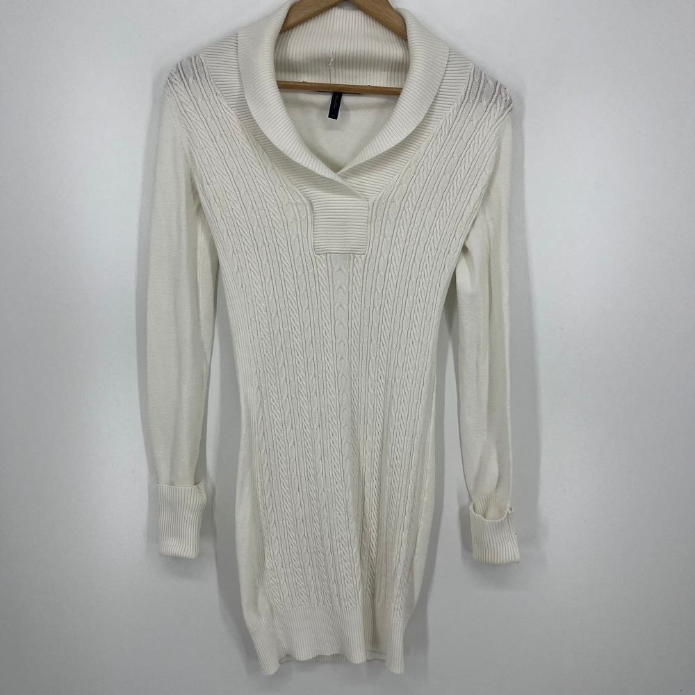 BCBGMAXAZRIA Women Cream Cable Knit‎ Shawl Collar Sweater Dress Small